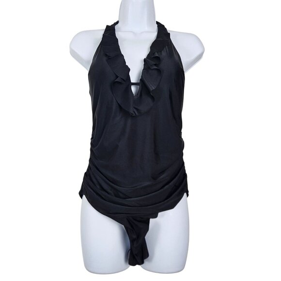 Suuksess Women’s Large Black Ruffle Halter One-Piece Swimsuit V -Neck Sexy Beach - Picture 5 of 13